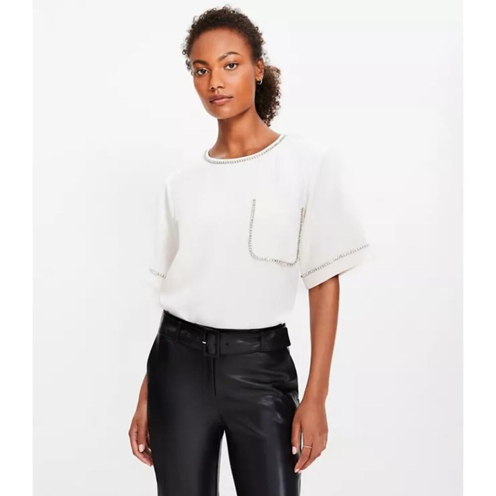 NWT LOFT Cream Short Sleeve Boxy Fit Top with Rhinestones Sz XL Single Pocket